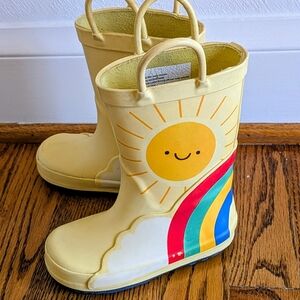 Toddler Rain Boots Size 7 Rainbow Yellow Rubber Galoshes with Handles Rainboots